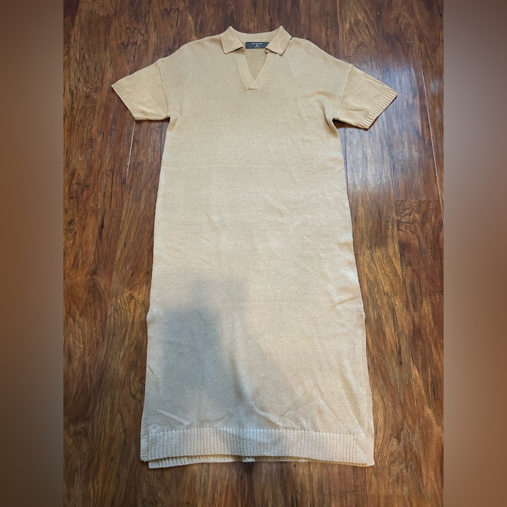 Lightweight Sweater Dress Midi Length In Tan Collar Coastal